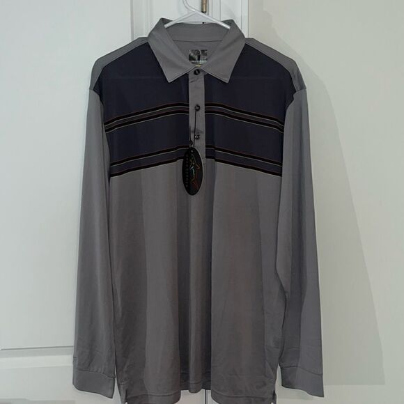 New Greg Norman Play Dry LS Shark Gray Black Stripe Polo Golf Shirt Men’s L NWT - Picture 1 of 6